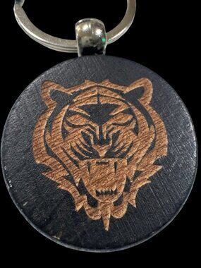 Wooden Keychain with Laser Engraved Tiger Face, Round, Black, Handcrafted Key Ri